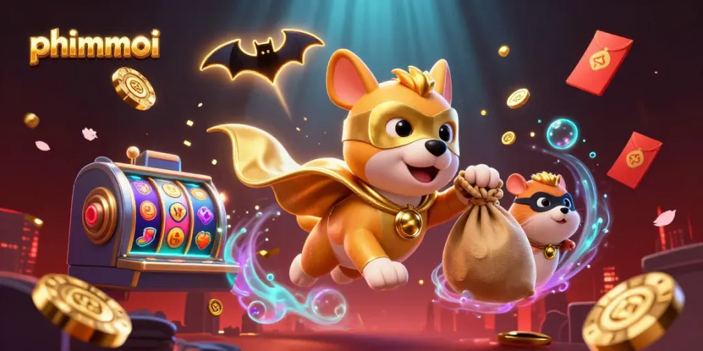 Experience thrilling gameplay with phimmoi: dynamic superhero dog soaring amidst casino elements.