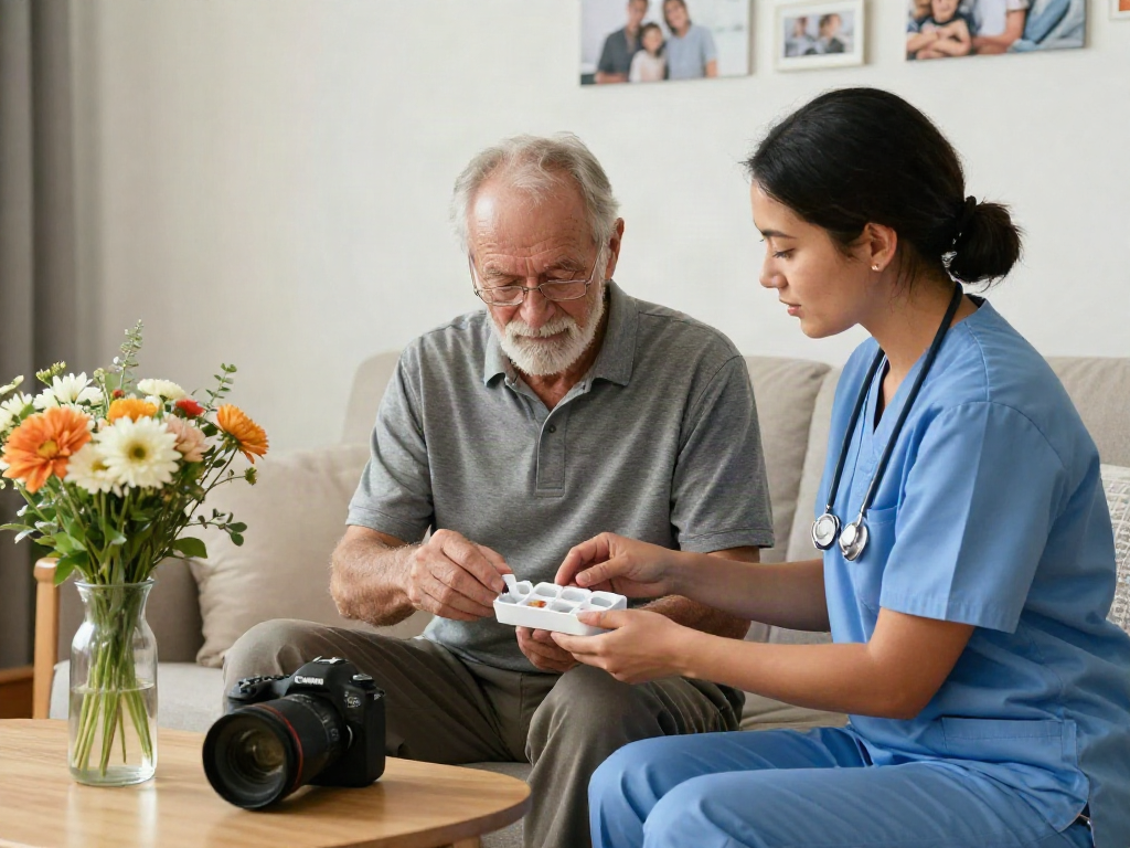 Caregiver assisting elderly man with bonus new member 100 home care services at comfortable home.