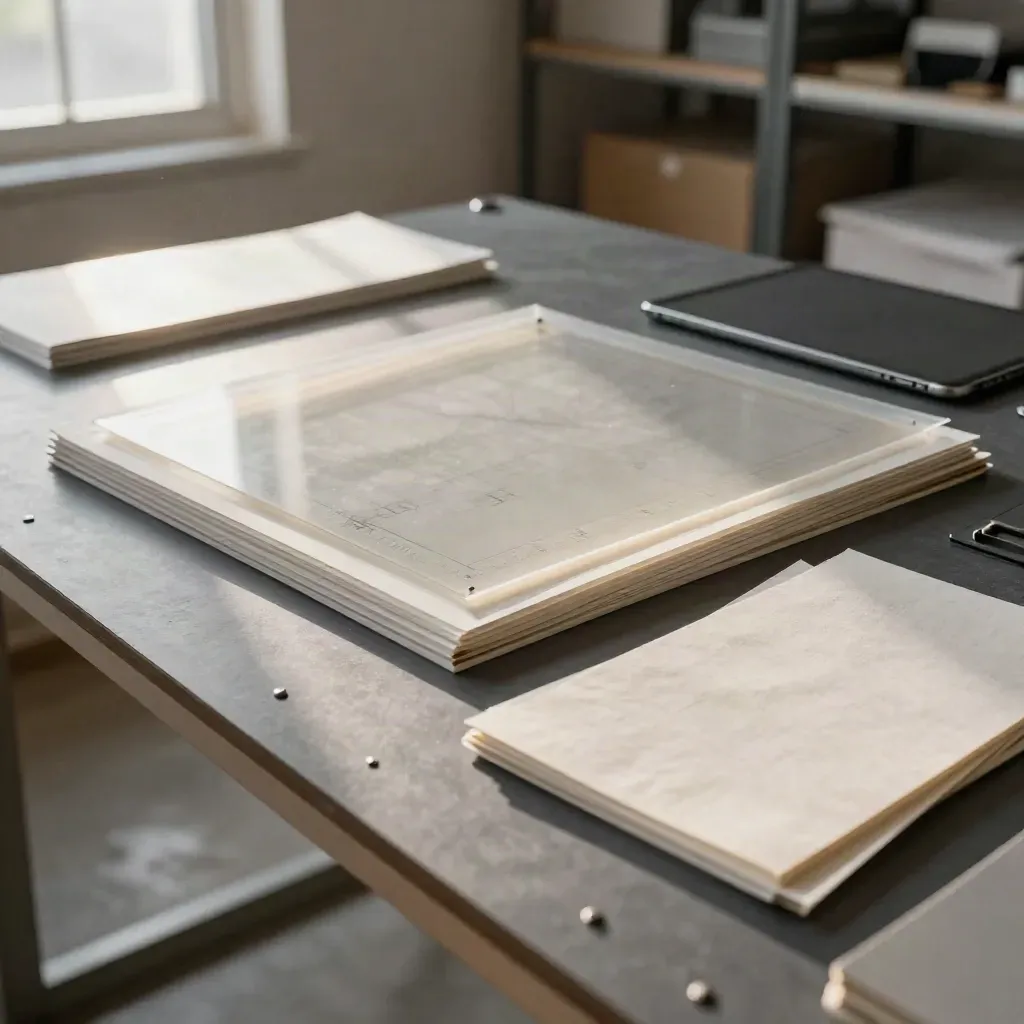 Acetate wireframes clipped to a matte board beside a closed tablet and folded sample sheets.