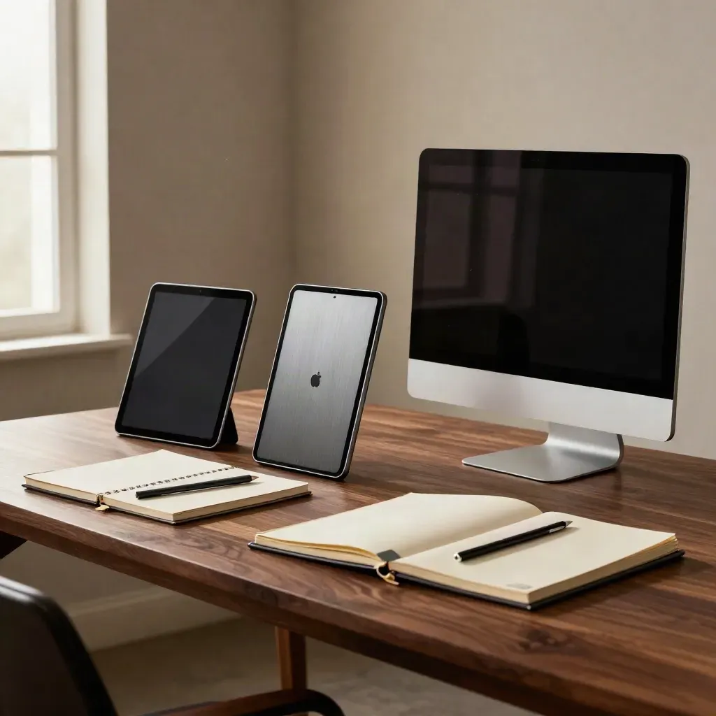 Three device shells, notebook and slate tape on a dark bench, seen from the end in a quiet UX audit studio.