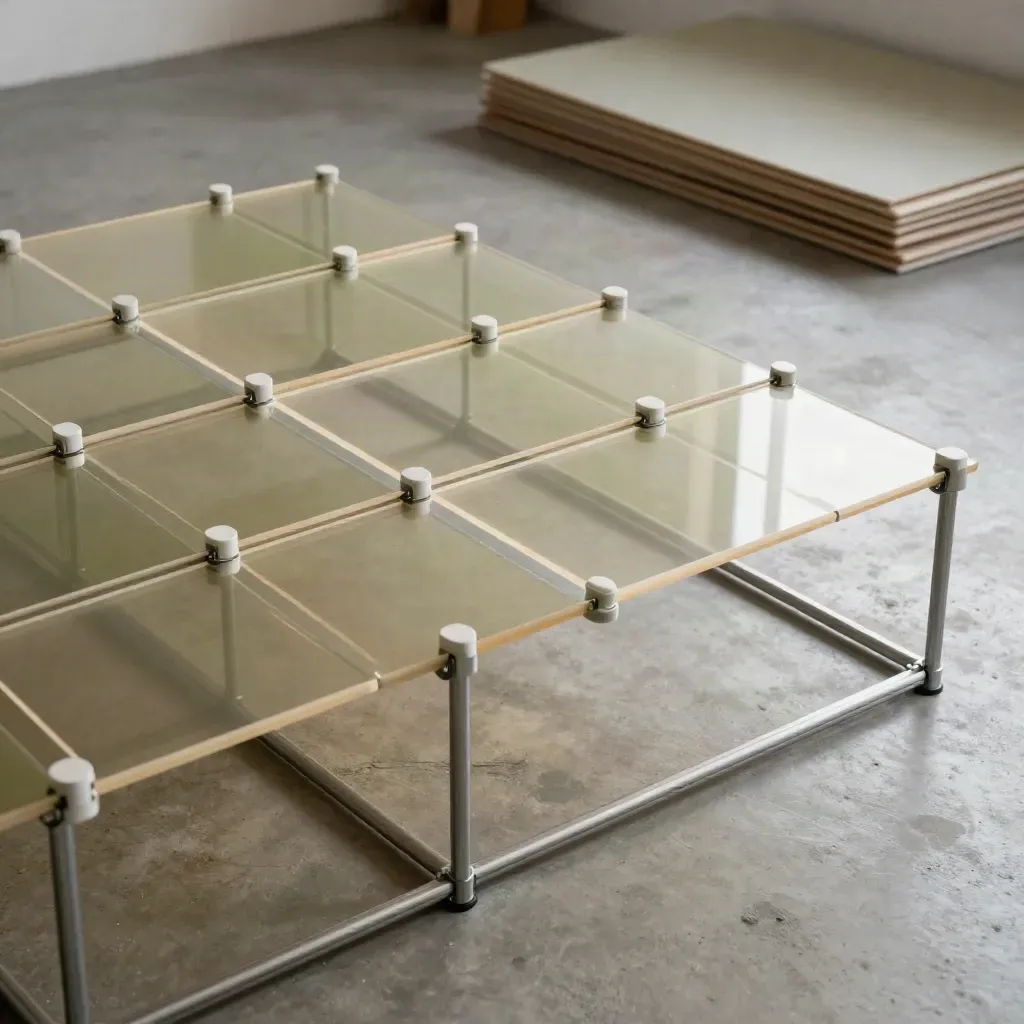 Overhead studio grid of translucent sheets and clips on a concrete floor