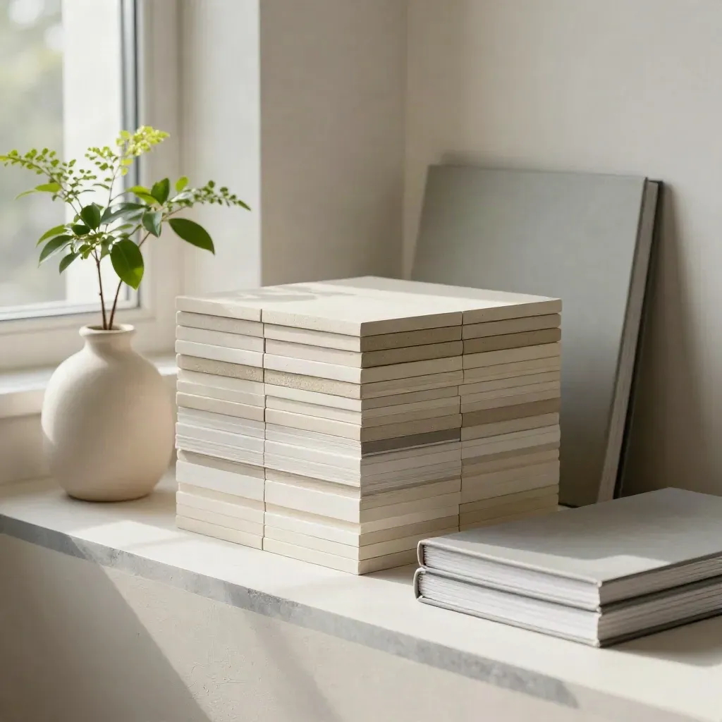 Design system tiles, sample book, and a narrow plant on a plaster shelf nook.