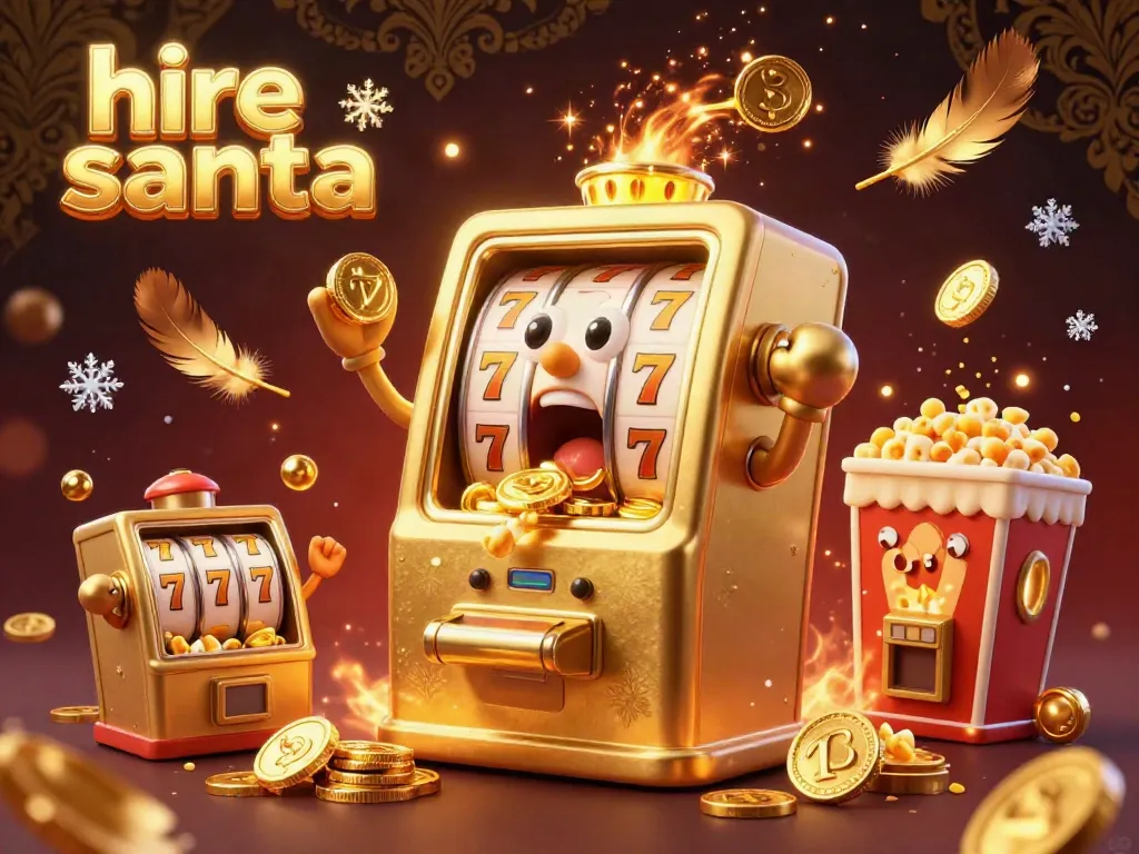Spin to hire Santa with a gold slot machine celebrating and raining coins in a festive casino scene.