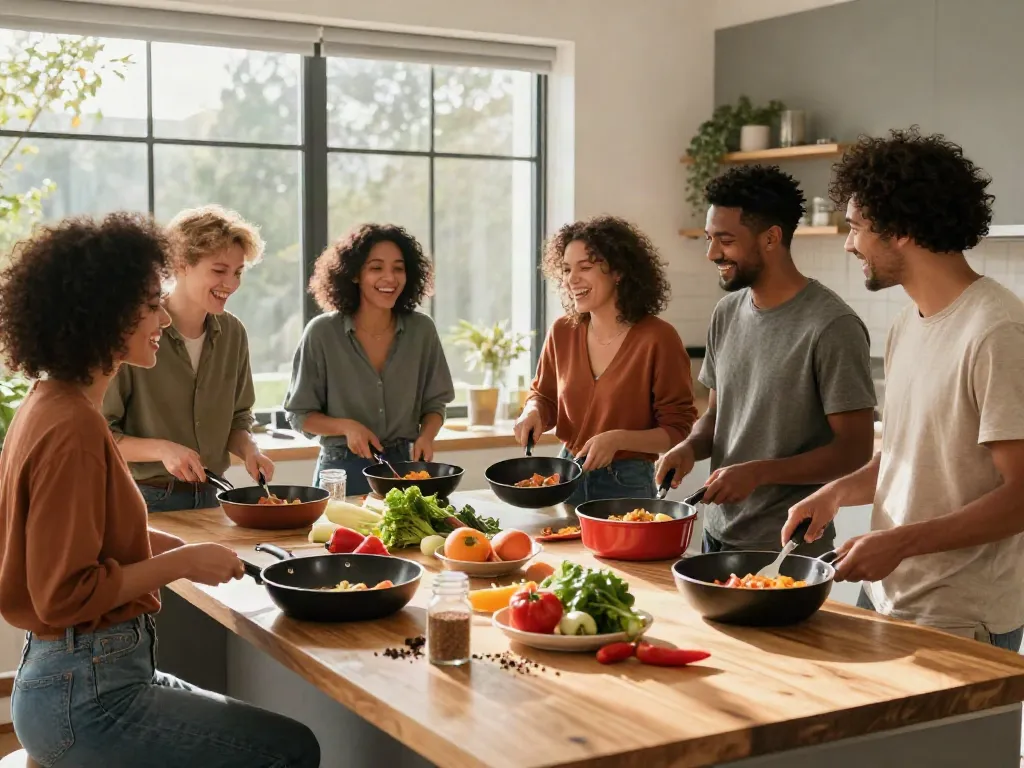 Friends enjoying cooking together with non-stick cookware price in bangladesh in a cozy kitchen.